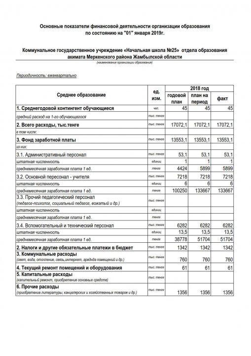 Основные показатели финансовой деятельности организации образования по состоянию на "01" января 2019г.