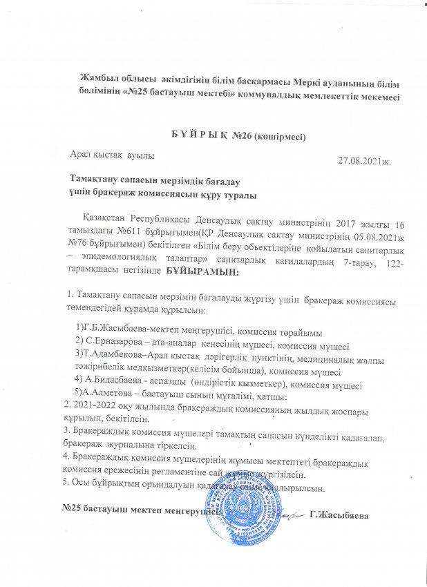 Тамақтану сапасын мерзімдік бағалау үшін бракераж комиссия құру туралы