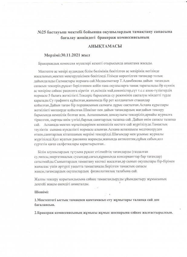 оқушылардың тамақтану сапасына бағалау жөніндегі  бракераж комиссиясының  АНЫҚТАМАСЫ