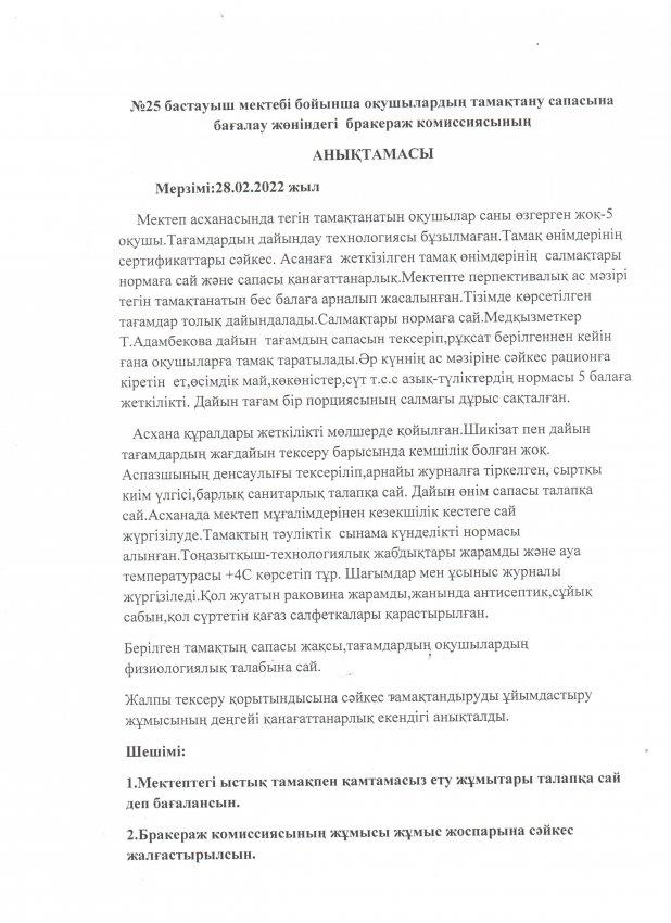 оқушылардың тамақтану сапасына бағалау жөніндегі  бракераж комиссиясының АНЫҚТАМАСЫ