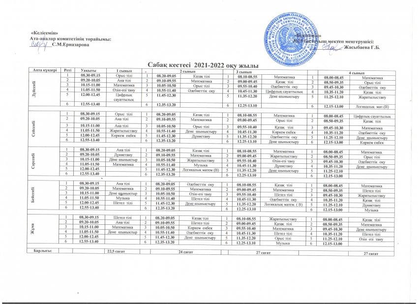 Сабақ кестесі 2021-2022 оқу жылы