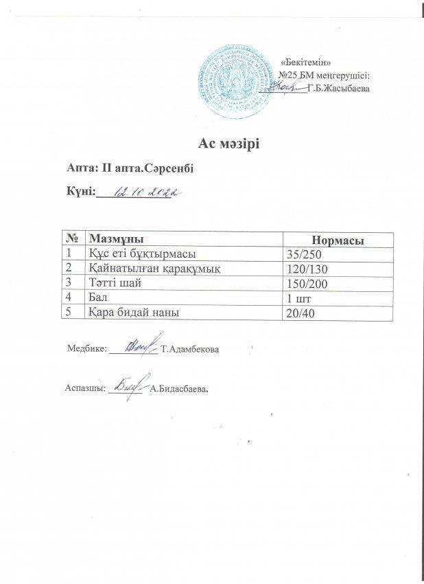 Ас мәзірі 12.10.2022 жылы