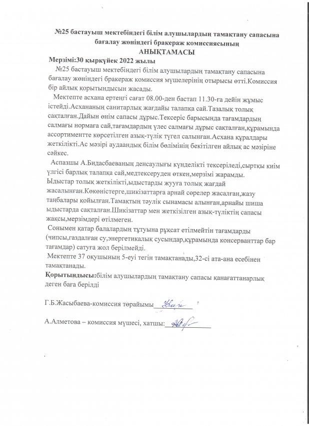Тамақтану сапасына бағалау жөніндегі бракераж комиссиясының АНЫҚТАМАСЫ