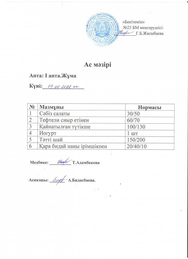 Ас мәзірі 09.09.2022 жылы