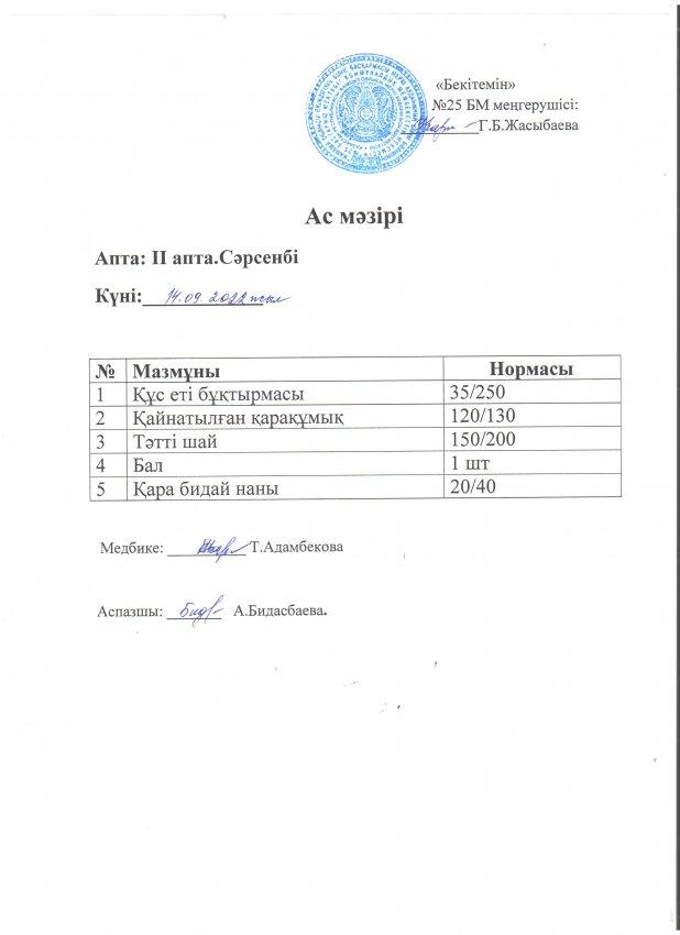 Ас мәзірі 14.09.2022 жылы