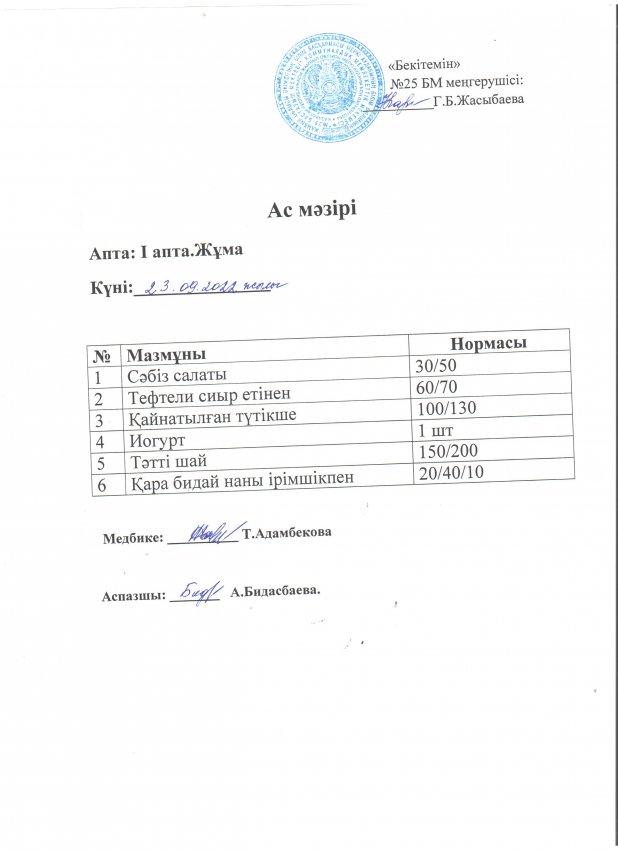Ас мәзірі 23.09.2022 жылы