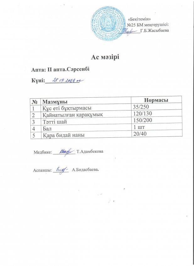 Ас мәзірі 28.09.2022 жылы