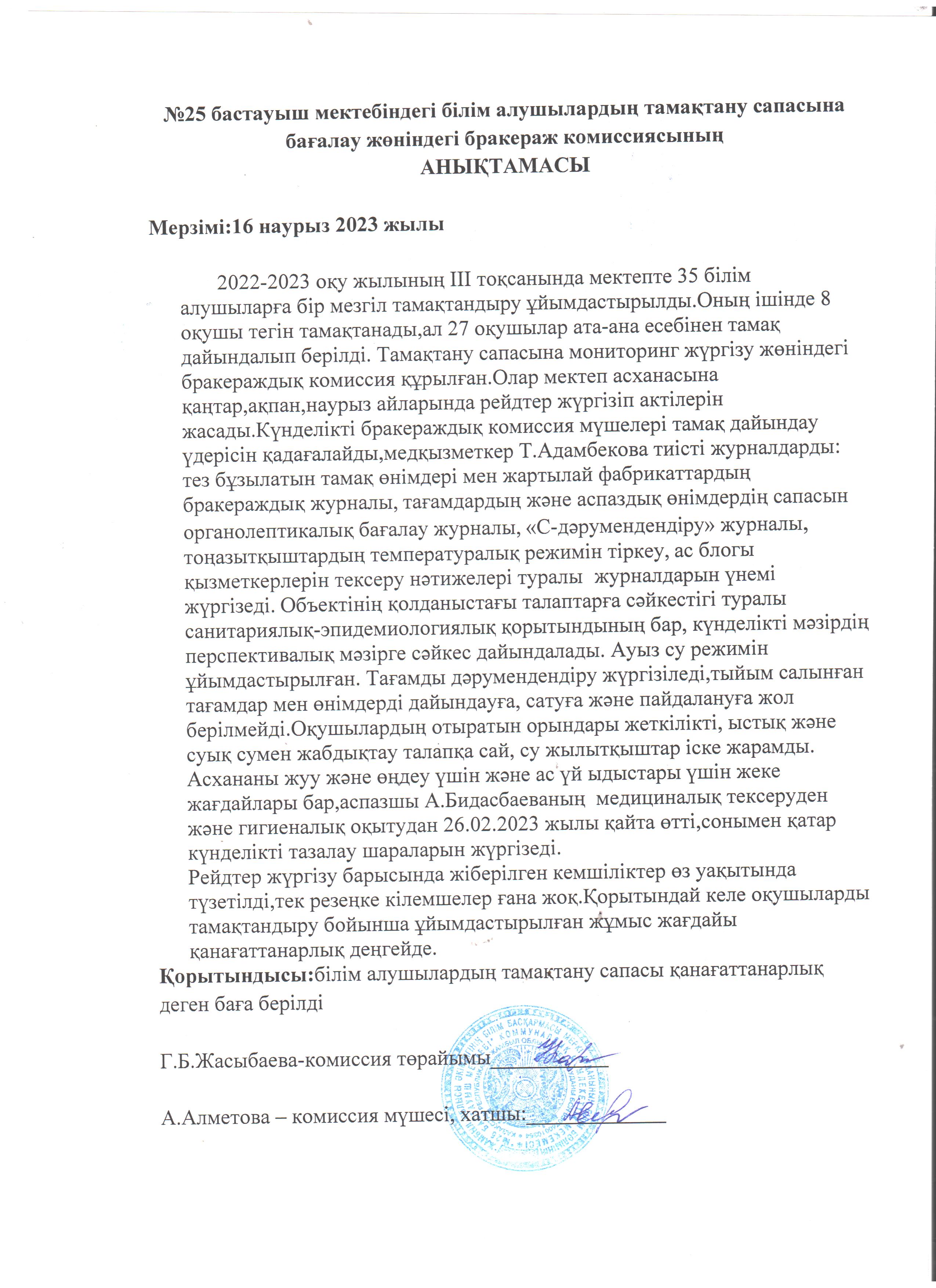 Тамақтану сапасына бағалау жөніндегі бракераж комиссиясының анықтамасы ІІІ тоқсан 2023 жылы