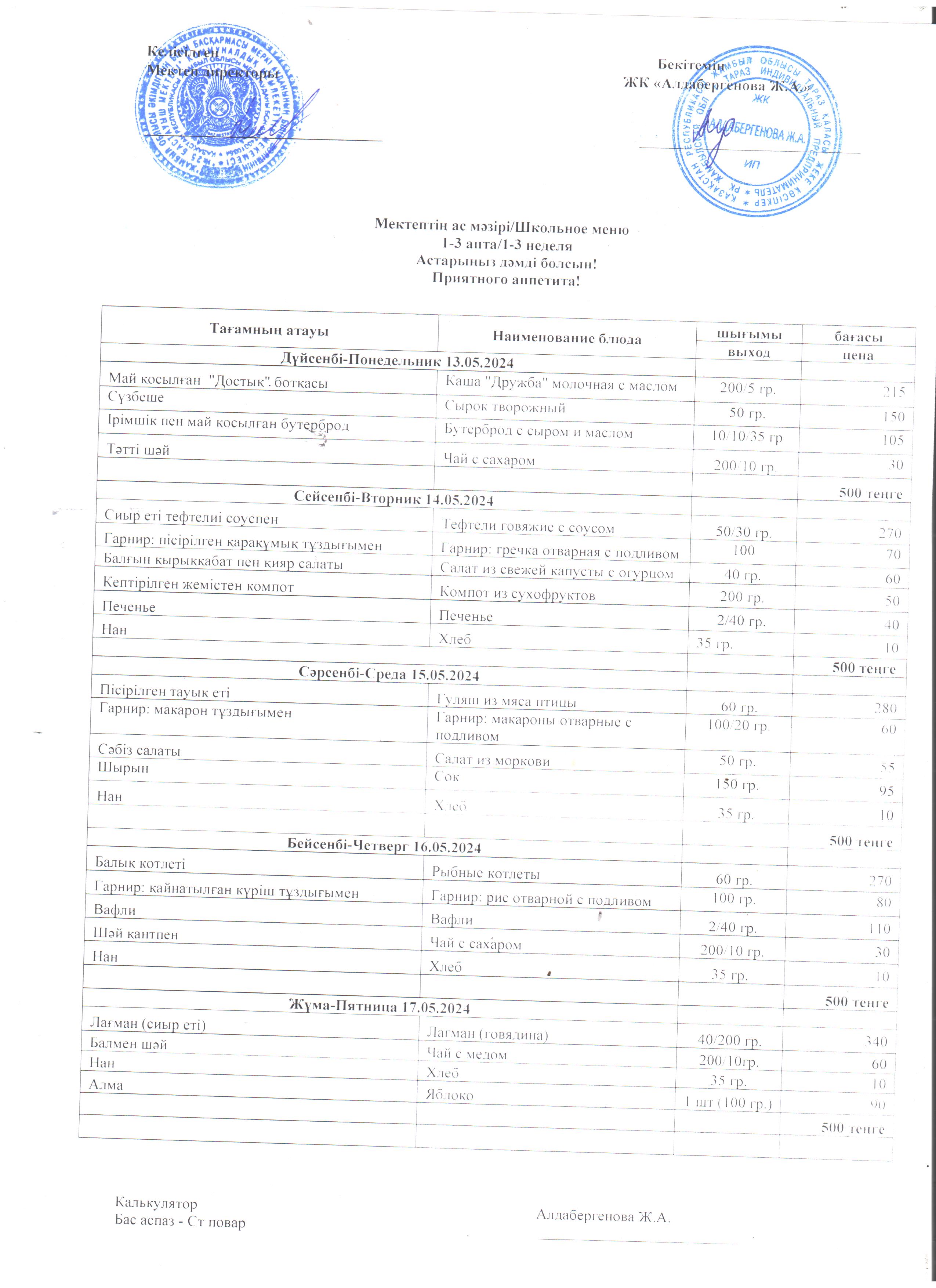 Мектептің ас мәзірі 13 .05.2024 ж - 17.05.2024 ж