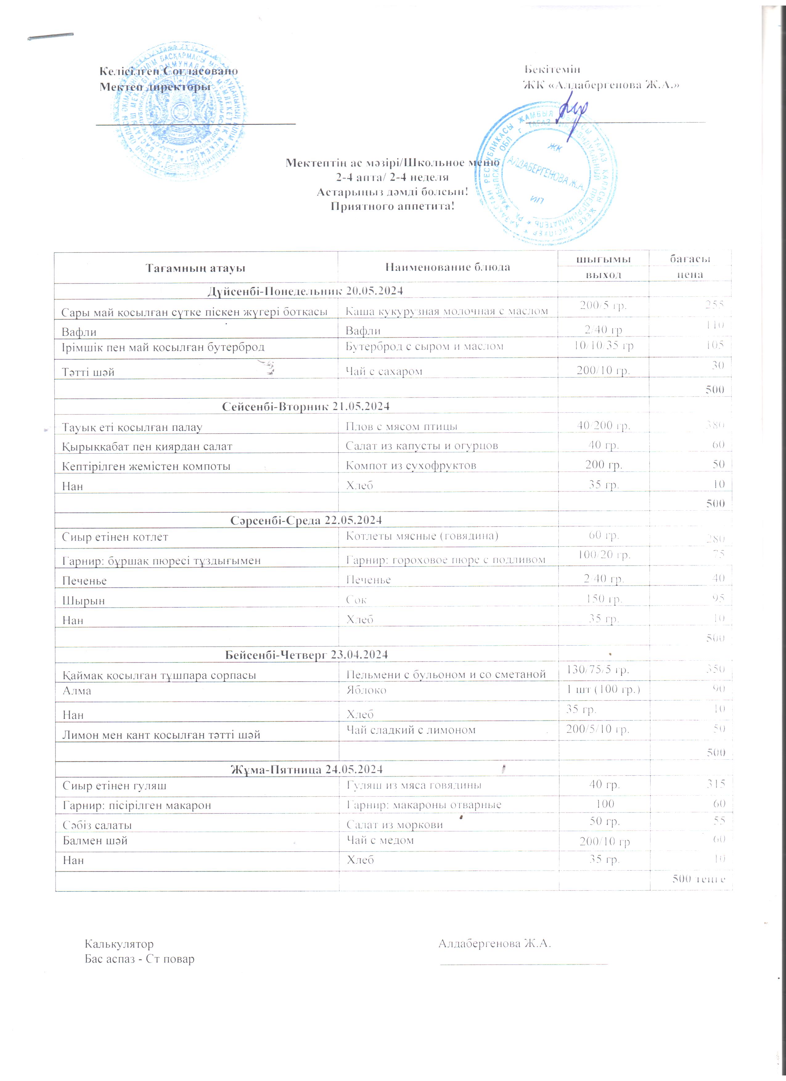 Мектептің ас мәзірі 20 .05.2024 ж - 24.05.2024 ж